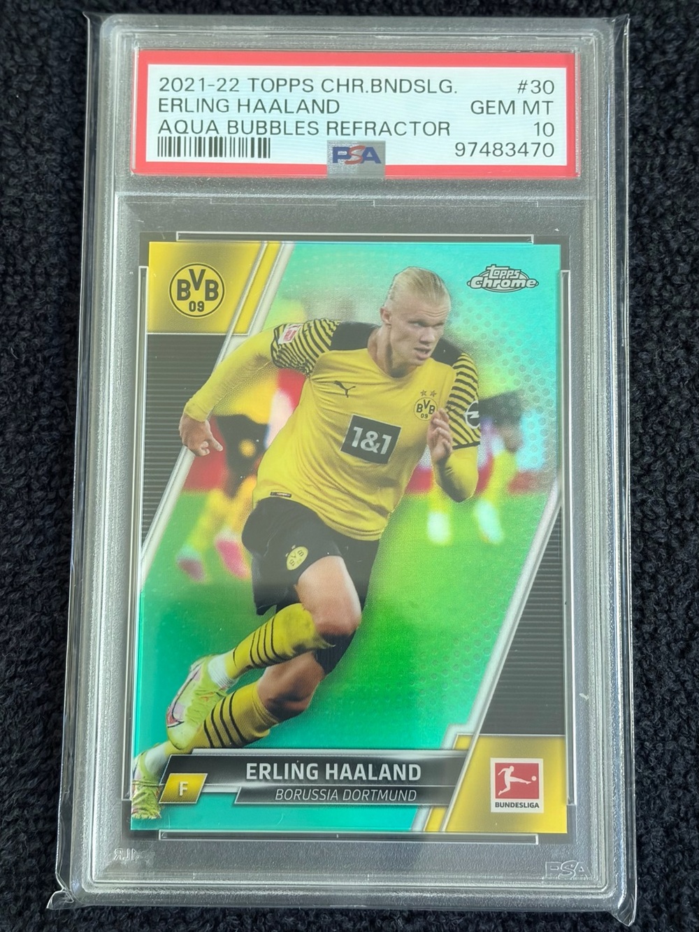 2021-22 Topps Chrome Bundesliga Erling Haaland #30 Aqua Bubbles 007/275 PSA 10